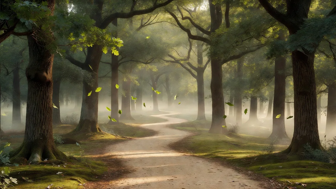 霧に包まれた静かな樫の森の小径 Peaceful misty oak forest trail